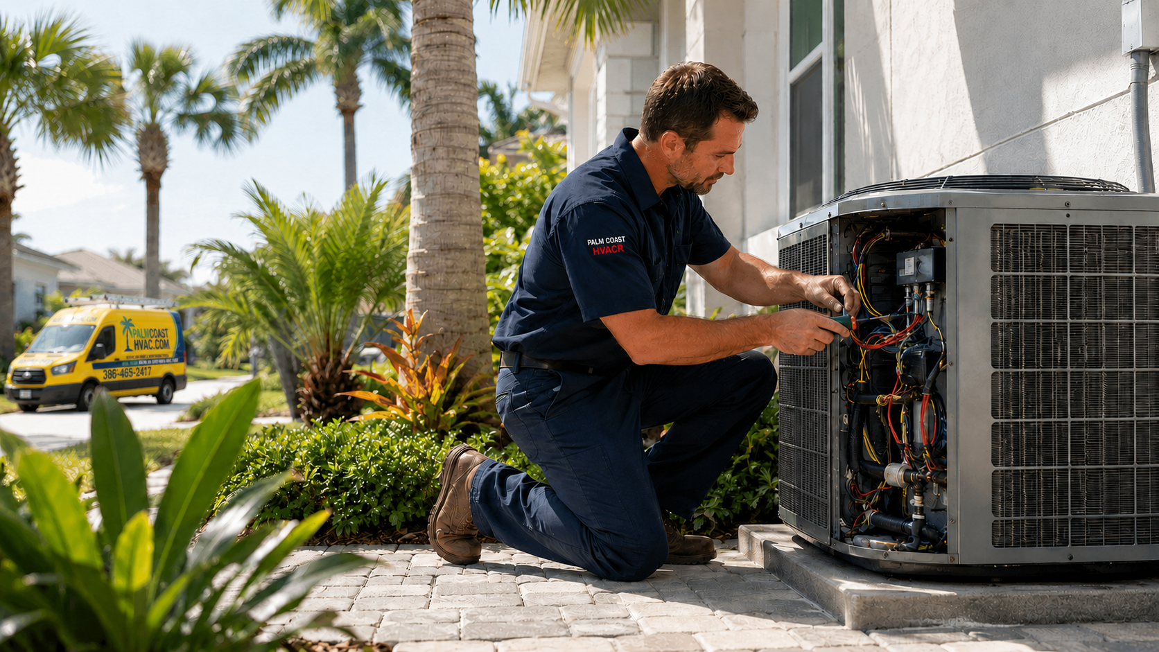 Palm Coast HVAC R LLC technician in a navy uniform servicing an outdoor air-conditioning unit beside a branded yellow service truck